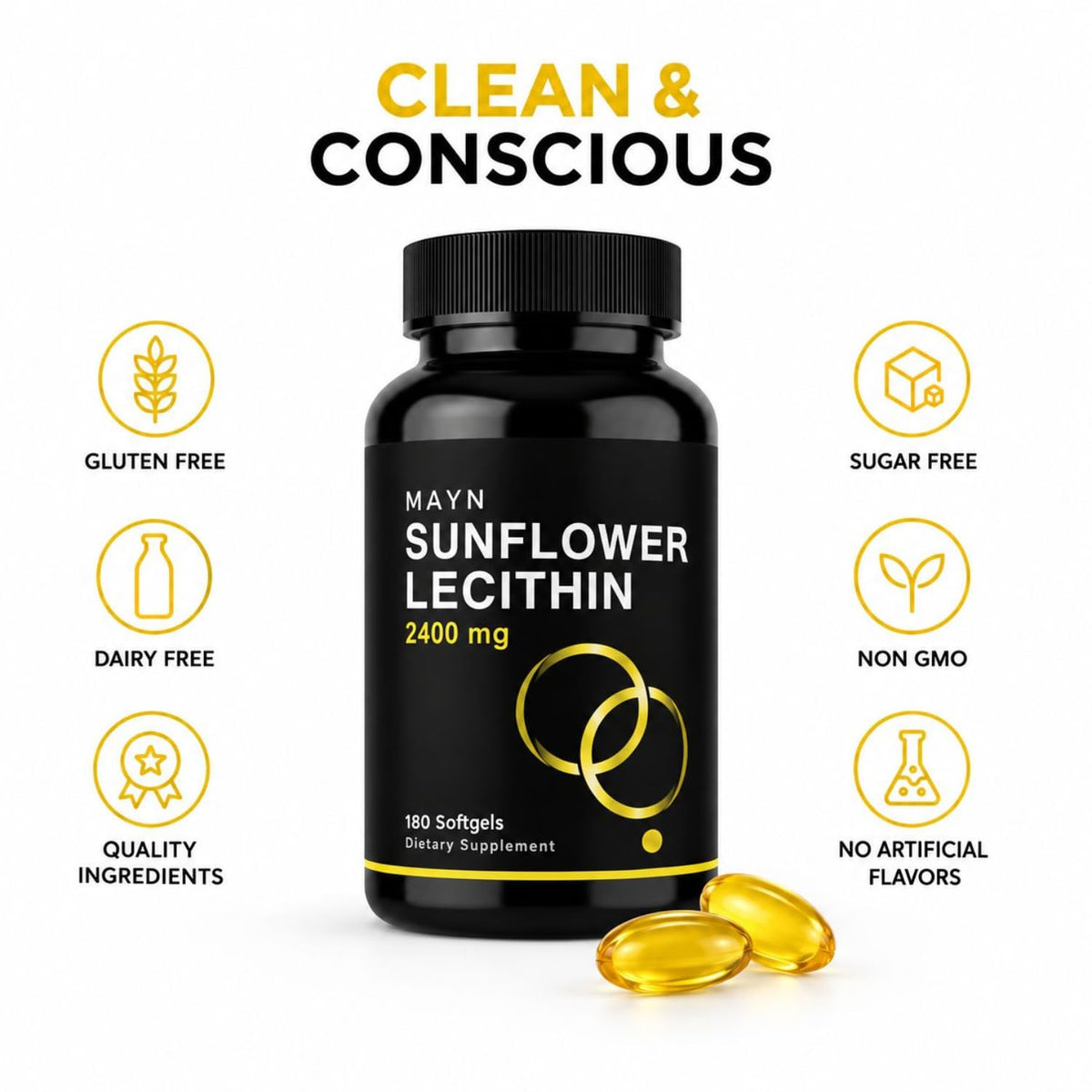 MAYN Sunflower Lecithin 2400mg with Phosphatidylcholine – 90 Softgels – image 6